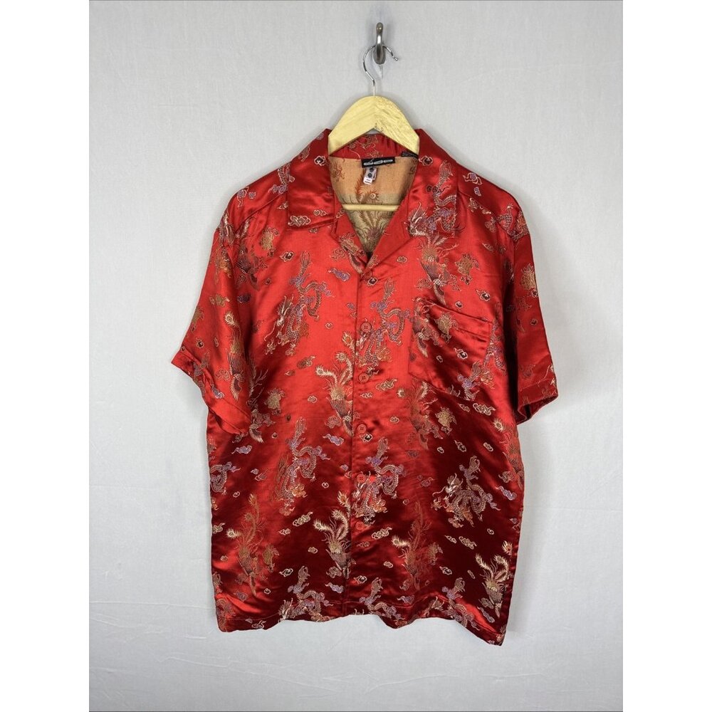 Y2K ODO Red Dragon Satin Shirt‎ Camp Collar Asian Clubwear Mens L